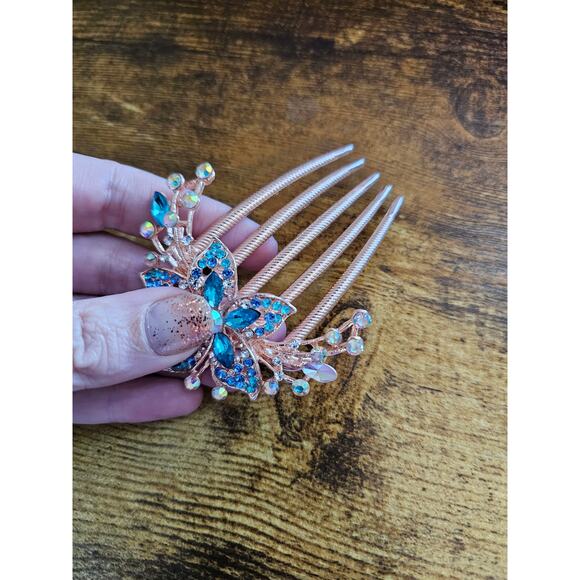 Vintage Y2K Rose Gold w/ Blue Rhinestone Flower Hair Comb - Picture 4 of 4